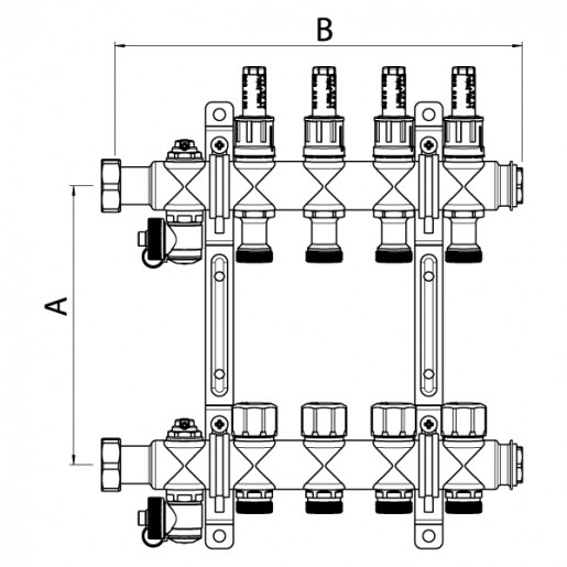 Коллекторная группа, ELSEN, 1", 7 контуров, размер отвода-3/4", PN, бар-4, T°C -от 0 до +70, с вентилями, нержавеющая сталь