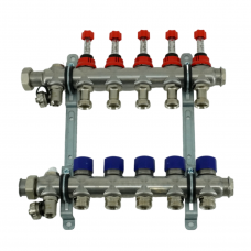 Коллекторная группа, ELSEN, 1", 5 контуров, размер отвода-3/4", PN, бар-4, T°C -от 0 до +70, с вентилями и расходомерами, нержавеющая сталь